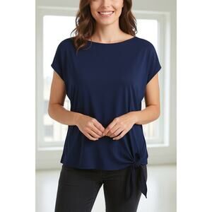 The Limited Classy Short Sleeve Navy Blue Blouse With Tie Waist-Business, Casual